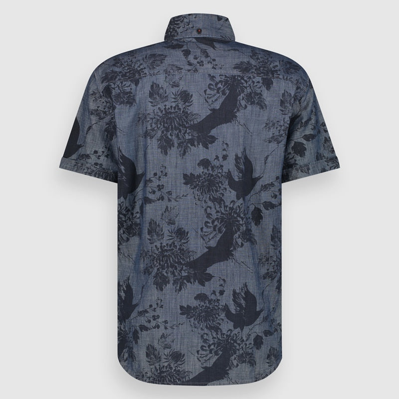 Men Chambray Shirt Allover Print SS | Medium Stone